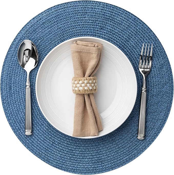 Round Placemats Set of 6 Plastic Woven Placemats Washable Wipeable Table Mats for Dining Table Heat Resistant Non-Slip Circle Place Mats (Royal Blue)