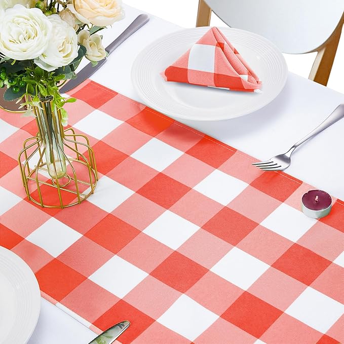 Fabric Checkered Table Runner 12 Pack Waterproof Gingham Table Runner 14W x 108L Buffalo Check Table Runners for Parties Kitchen Dining Wedding Banquet (Red and White)