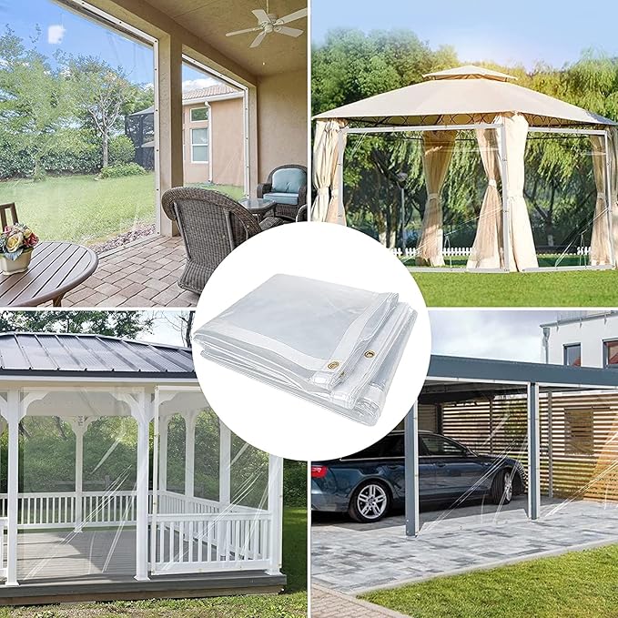 6 x 12FT Outdoor Clear Tarp Curtain Waterproof Wind-Proof 24 Mil Transparent Vinyl Tarp for Patio Pergola Garden Canopy Rainproof Anti-Tear PVC Thick Cover with Grommets