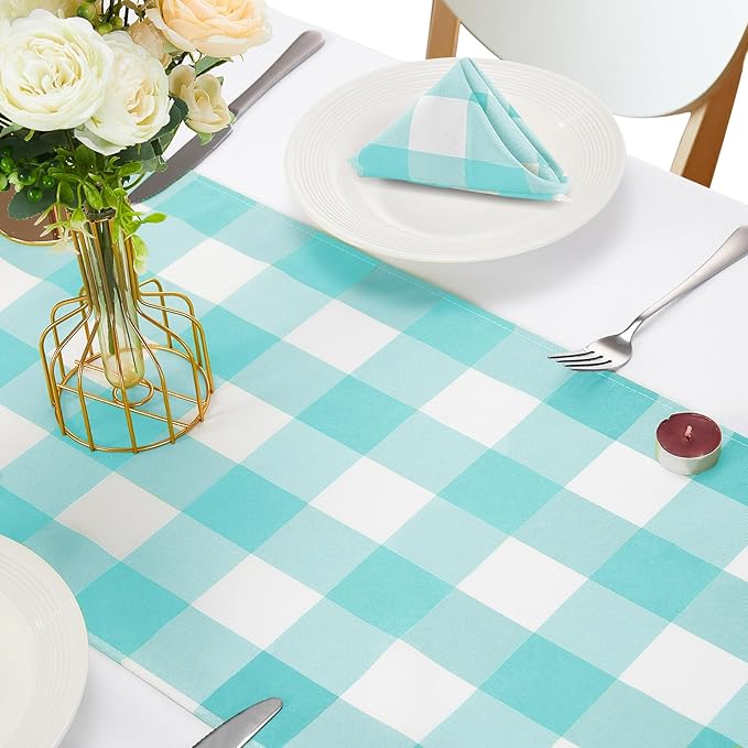 Fabric Checkered Table Runner 6 Pack Waterproof Gingham Table Runner 14W x 108L Buffalo Check Table Runners for Parties Kitchen Dining Wedding Banquet (Aqua and White)