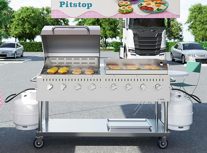 60 in. 8-Burner Commercial Outdoor Propane Gas Grill with 30 in. Roll Dome Cover and 30 in. Griddle in Stainless-Steel, ETL Listed (CGKIT6-D30G30)