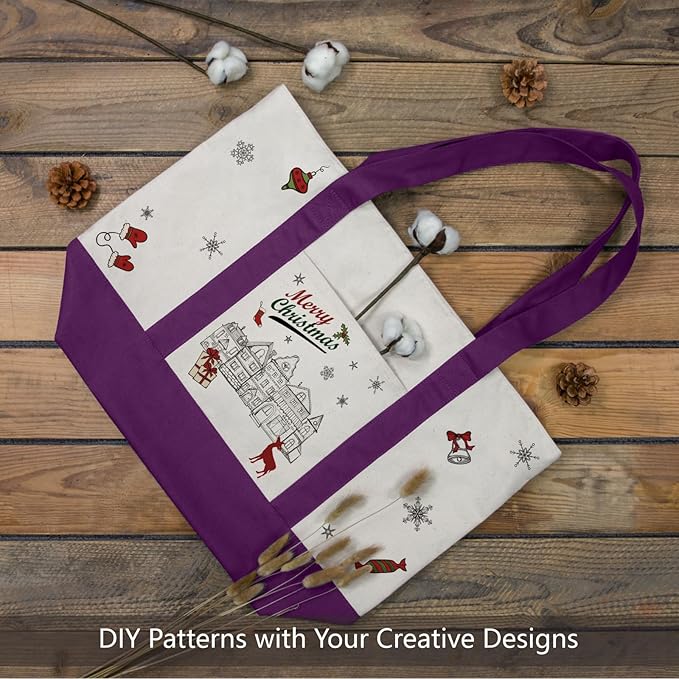 TOPDesign 1-Pack Canvas Tote Bag with an External Pocket, Reusable Grocery Shopping Bag, Top Zipper Closure, Daily Essentials (Purple/Natural)