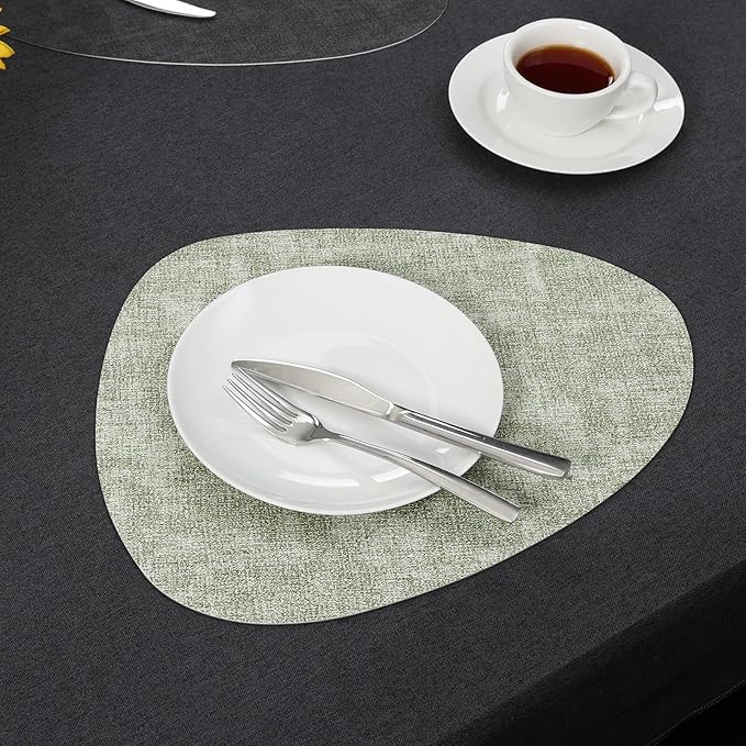 Placemats and Coasters, Washable Reversible Placemats Round Faux Leather Wipeable Place Mats Non Slip Heat Resistant Indoor Outdoor Table Mats (Set of 4, Gray Green)