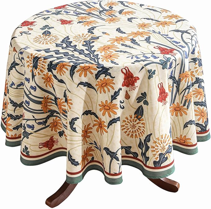 French Vintage Small Round Tablecloth,Linen Tablecloth with Gold and Red Floral Pattern,Decorative Table Cover for Kitchen,Dining,Thanksgiving,Party,Living Room,Diameter 55"-Tijuana