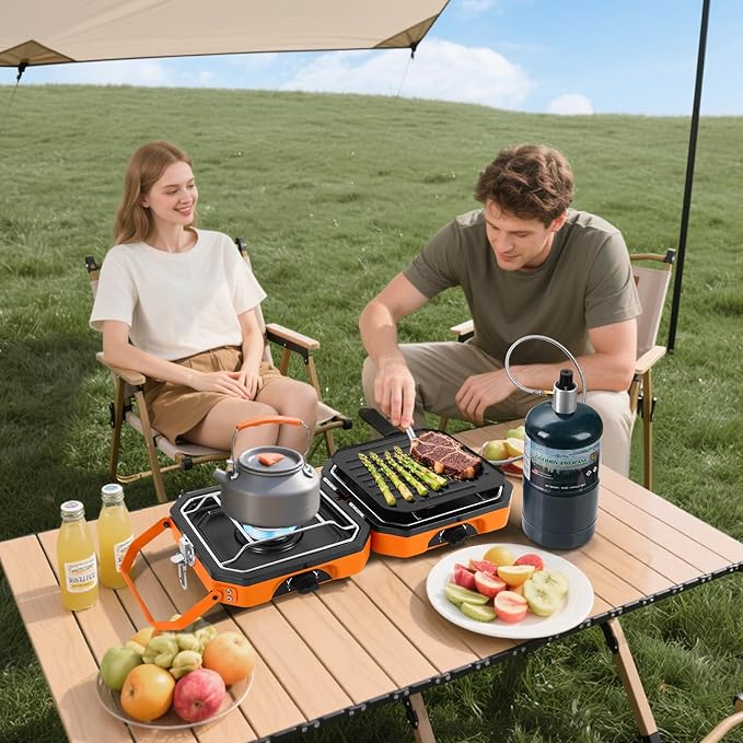 2 Burner Propane Camping Stove With Grill,Portable Foldable Camp Stove With 17000BTU, Two Piezo Ignition Adjustable Windproof Burners forCamping, Grilling, Tailgating, & More (Orange)