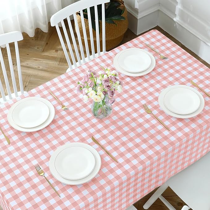 Romanstile Rectangle Vinyl Tablecloth, 100% Waterproof Checkered Plastic Table Cloth, Heavy Duty Buffalo Gingham Table Cover for Dining, Camping, Picnic, Outdoor - 54 x 120 Inch, Light Pink