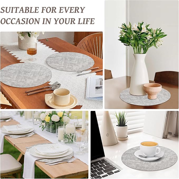 13" Round Placemats Set of 8, Reversible Faux Leather Heat Resistant Table Mats, Waterproof Oilproof Wipeable Table Protective Placemats for Vinyl, Washable for Indoor & Outdoor Use (8, Light Grey)