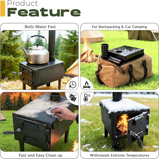 HECASA Wood Burning Stove Tent Camping Stove for Outdoor Cooking Fishing Hiking Travel Portable Heater with Storable Chimney Pipes Steel