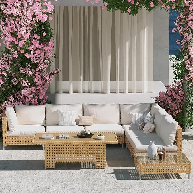 Grand patio 8-Piece Wicker Patio Furniture Set with Lift Top Coffee Storage Table, Outdoor Conversation Set Sectional Sofa with Water Resistant Thick Cushions, Cream