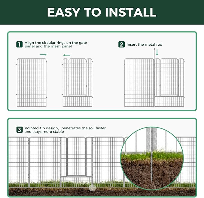 FXW Garden Fence Outdoor for The Yard – 50in(H) x 41.7ft(L) Heavy Duty Metal Animal Barrier for Dog and Rabbit, Decorative Dog Fence, 16 Panels, Silver