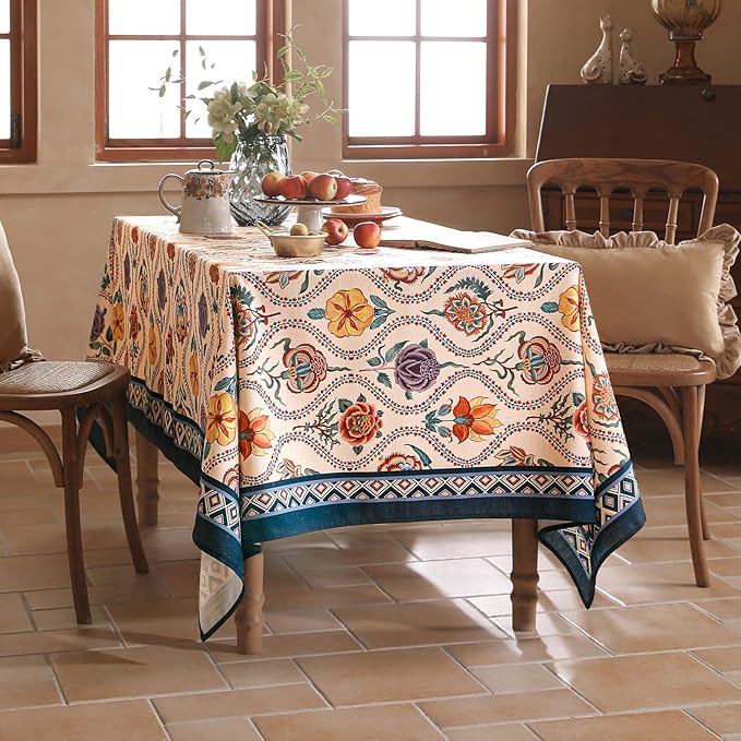 Vintage French Long Rectangular Tablecloth,Linen Tablecloth with Rose and Cornflower Pattern,Decorative Table Cover for Kitchen,Dining,Thanksgiving,Tea Party,63" × 102"-Lanae