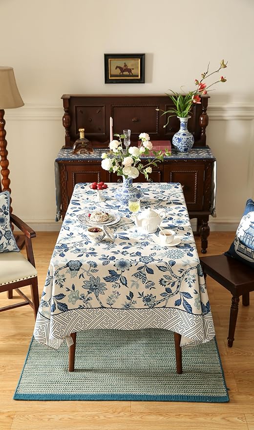Vintage Blue and White Extra Long Rectangle Tablecloth,French Linen Floral Wrinkle Free Tablecloths,Decor Table Cover for Kitchen,Dining,Party,Thanksgiving,Christmas,63"*110"-Suqing