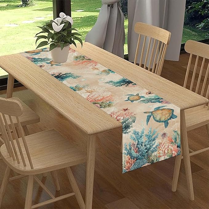 Retro Sea Turtle Table Runner, Nautical Starfish Underwater Coral Seashell Coastal Ocean Seasonal Coffee Table Center Decor for Home Kitchen Dining Patio Holiday Party Table Decorations 13"x72"
