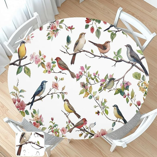 Spring Summer Round Fitted Tablecloth with Elastic Edge Bird Floral Easter Circle Table Cloth for 48-52" Round Tables Wipeable Waterproof Hummingbird Flower Table Cover for Outdoor Picnic Dining Decor