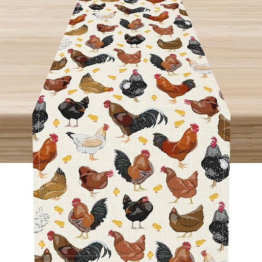 Farmhouse Rooster Table Runner, Rustic Farm Animals Cow Pig Chicken Coffee Table Center Decor for Home Kitchen Dining Patio Holiday Party Indoor Outdoor Table Decorations, 13"x72" Inch