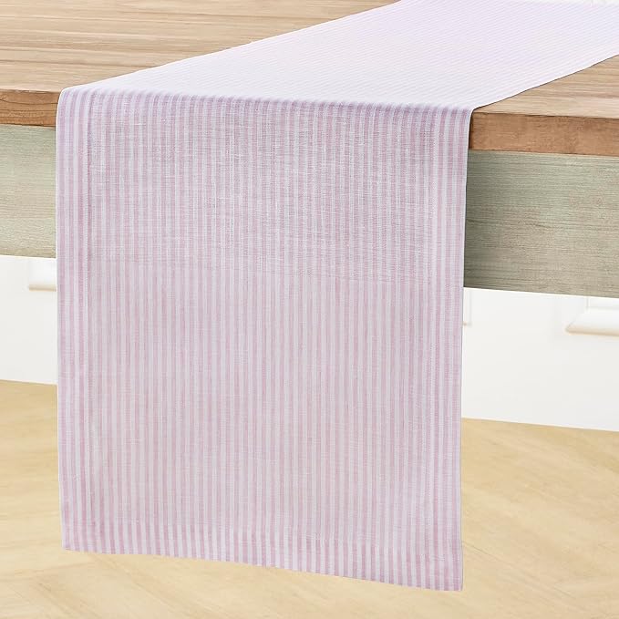 Solino Home Linen Striped Table Runner 36 Inches - Narrow Stripe, 100% Pure Linen Pink and White Small Table Runner 14 x 36 Inch Ideal for Dresser and Coffee Tables, Valentines, Spring, Easter
