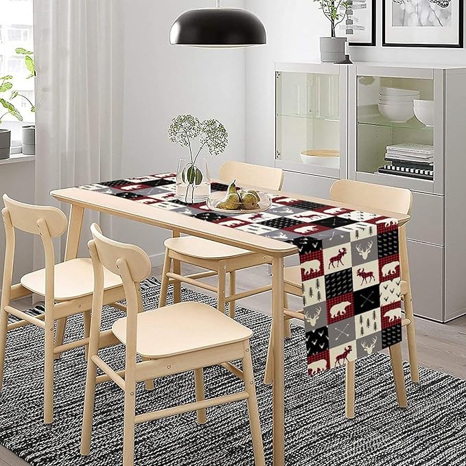 Farmhouse Bear Deer Table Runner, Retro Rustic Village Buffalo Plaid Table Runner for Coffee Table Dining Room Table Bedroom Party Holiday 13x108in