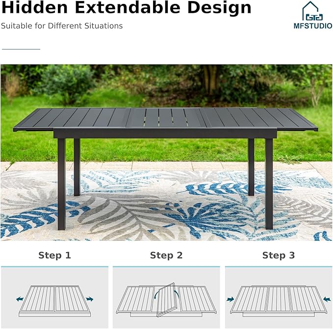 MFSTUDIO Outdoor Dining Set for 8, Expandable Patio Table and Chairs Set, 9 Piece Metal Patio Furniture Set, Patio Dining Set for Deck Backyard Poolside Garden