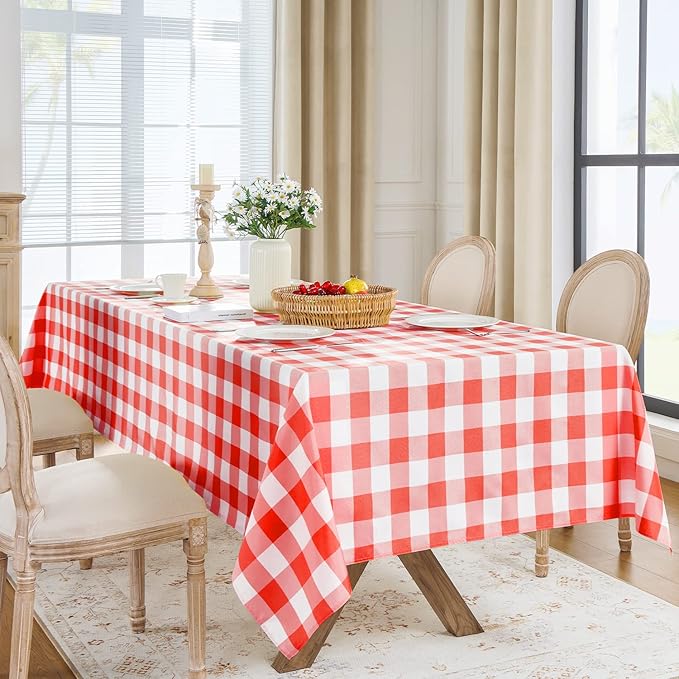 Softalker Gingham Checkered Tablecloth Rectangle - Outdoor Waterproof Buffalo Plaid Table Cloth, Stain Resistant Washable Table Cover for Picnic, Camping, Dining - Red and White, 60 x 120 Inch