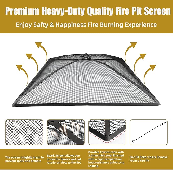 WeCooper 32Inch Heavy Duty Fire Pit Spark Screen Cover, Steel Mesh Square Firepit Screen, Fire Pit Ember Guard with FirePit Poker