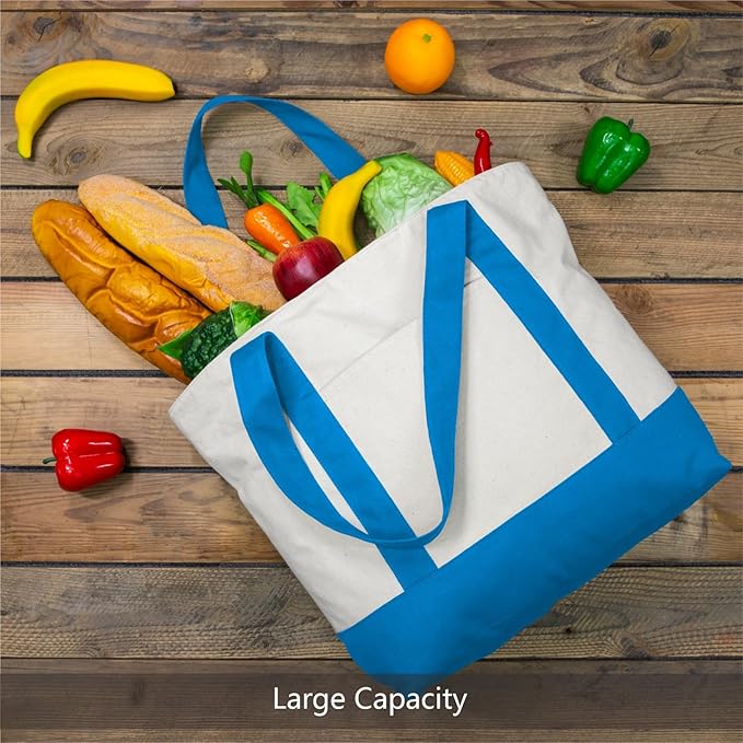TOPDesign 3-Pack Canvas Tote Bags with an External Pocket, Reusable Grocery Shopping Bags, Top Zipper Closure, Daily Essentials (Ocean Blue/Natural)