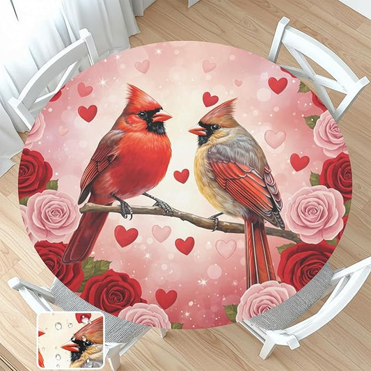 Valentines Day Round Fitted Tablecloth with Elastic Cardinal Bird Heart Circle Table Cloth for 40-44" Tables Wipeable Waterproof Washable Valentine Red Birds Table Cover for Picnic Dining Party Decor