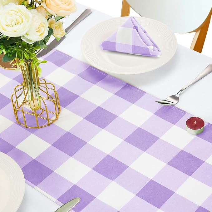 Fabric Checkered Table Runner 6 Pack Waterproof Gingham Table Runner 14W x 108L Buffalo Check Table Runners for Parties Kitchen Dining Wedding Banquet (Lavender and White)