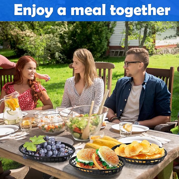 80 Pcs 9 x 5.7 Inch Reusable Oval Fast Food Baskets, Sturdy Plastic Serving Baskets for Fast Food, Parties, Picnics, BBQs and Snacks, by KUKLIPJIM.(Black)