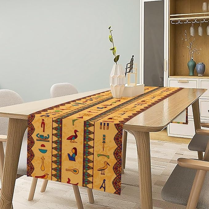 Egyptian Table Runner, Colorful Ancient Egyptian Hieroglyphs Floral Geometric Table Runner for Kitchen Family Dining Holiday Party Farmhouse 13x108in