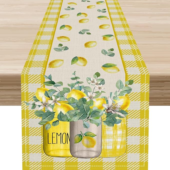 Lemon Table Runner, Farmhouse Yellow Buffalo Plaid Seasonal Summer Spring Fruits Lemon Coffee Table Center Decor for Home Kitchen Dining Party Patio Indoor Outdoor Table Decorations, 13"x108" Inch