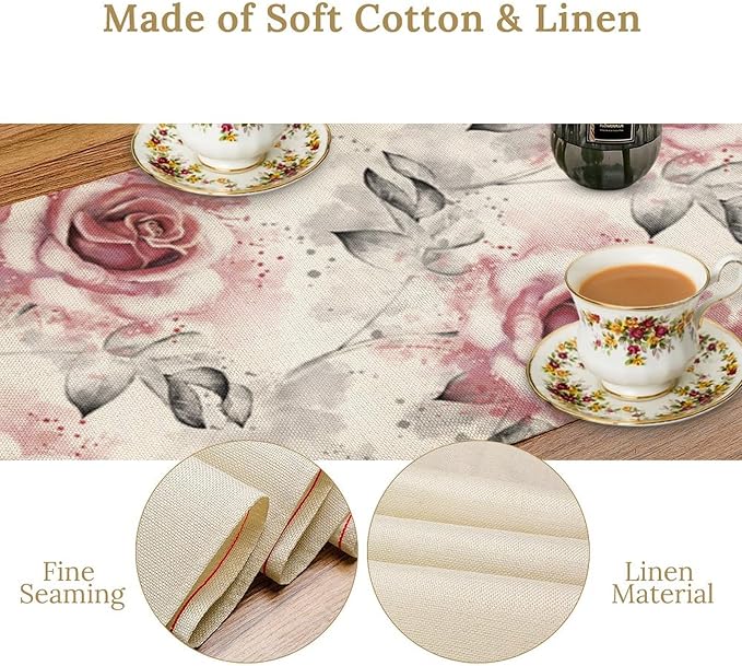 Pink Rose Floral Table Runner,Abstract Watercolor Flower Pattern Modern Romantic Kitchen Dining Table Decoration for Wedding Holiday Home Party 13x108in