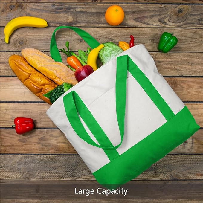 TOPDesign 1-Pack Canvas Tote Bag with an External Pocket, Reusable Grocery Shopping Bag, Top Zipper Closure, Daily Essentials (Lime Green/Natural)