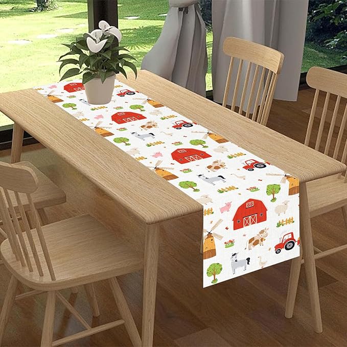 Farm Animals Table Runner, Rustic Farmhouse Cow Pig Rooster Watercolor Coffee Table Center Decor for Home Kitchen Dining Patio Holiday Party Indoor Outdoor Table Decorations, 13"x36" Inch