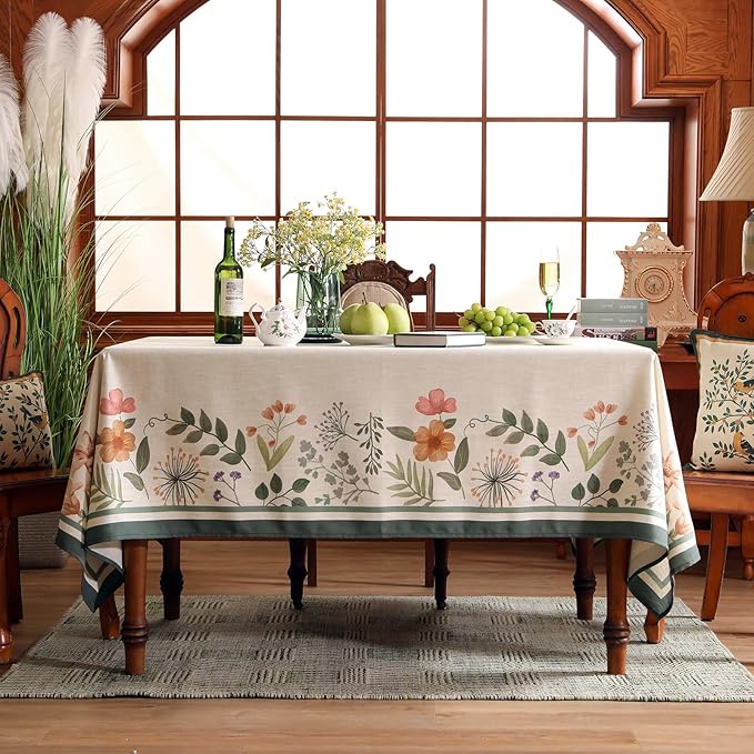 Beige Linen Extra Long Rectangle Tablecloth,Vintage French Shabby Chic Floral Wrinkle Free Table Cloth,Decor Table Cover for Kitchen,Dining,Christmas,Thanksgiving,63"*110"-Manolya