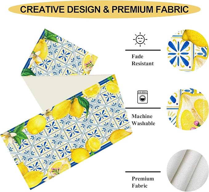 Lemon Table Runner, Blue Tile Yellow Vintage Moroccan Summer Seasonal Fresh Fruits Coffee Cafe Vintage Table Center Decor for Home Kitchen Dining Party Patio Indoor Outdoor, 13"x72" Inch