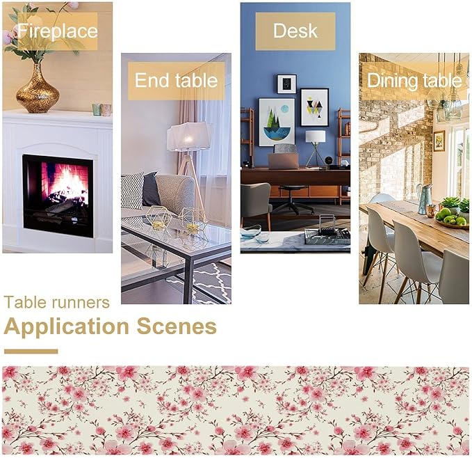 Cherry Flower Table Runner, Seasonal Spring Cherry Blossoms Branches Watercolor Floral Print Table Cover for Kitchen Dining Table Indoor Outdoor Party Decor, 13x108inch