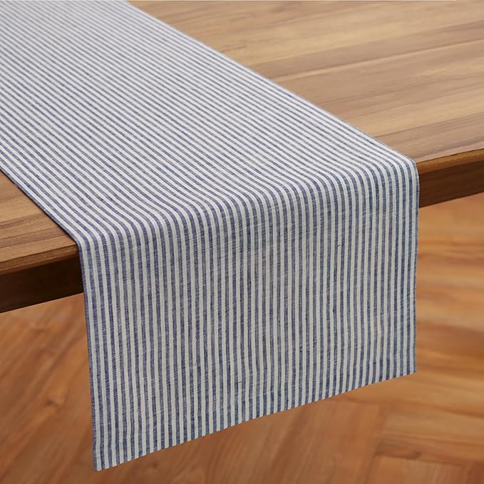 Solino Home Linen Table Runner 90 Inches Long - Narrow Stripe, 100% Pure Linen Navy and White Table Runner 14 x 90 Inch for Dining, Spring, Easter