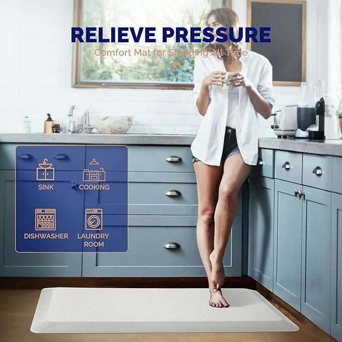 FEATOL Anti Fatigue Mats for Standing, 9/10 Extra Thick Ergonomic Standing Desk Mat, Comfort & Durable Memory Foam Standing Mat at Home,Office All Day (20" x 32", White, 1PC)