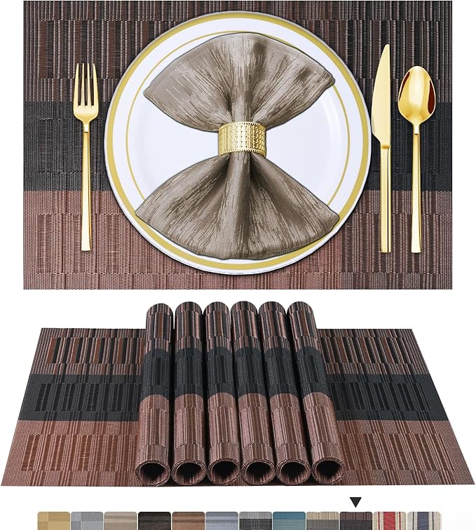 BETEAM Placemats Set of 6, Woven Vinyl Placemat for Dining Table Washable Wipeable Kitchen Place Mats Durable Indoor Outdoor Table Mats