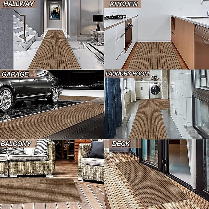 3' x 71' Runner Rugs with Rubber Backing, Indoor Outdoor Utility Carpet Runner Rugs, Stripe Brown, Can Be Used as Aisle for The RV and Boat, Laundry Room and Balcony