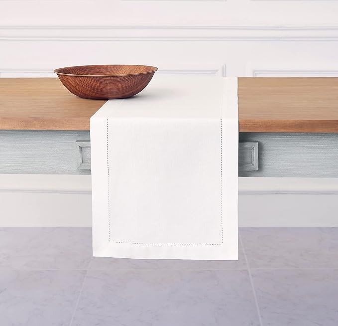 Solino Home White Table Runner 60 Inches - Cotton Linen Hemstitch Coffee Table Runner 14 x 60 Inch Ideal for Dresser Tables - Winter, Valentines, Spring, Easter