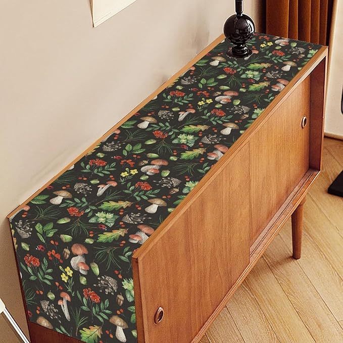 Mushroom Table Runner, Rustic Farmhouse Forest Plants Botanical Wild Floral Coffee Table Center Decor for Home Kitchen Dining Patio Holiday Party Indoor Outdoor Table Decorations, 13"x36" Inch
