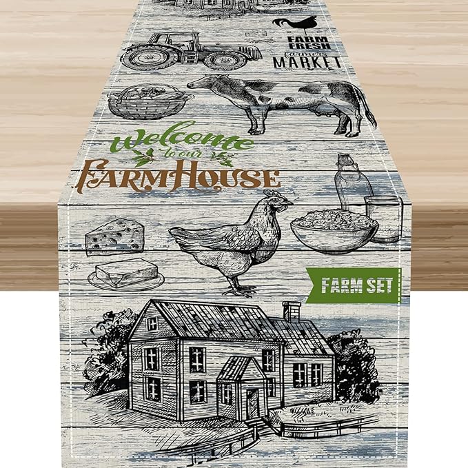 Farmhouse Cow Table Runner, Retro Rustic Country Barn Cottage Rooster Cow Animal Plank Coffee Table Center Decor for Home Kitchen Dining Patio Holiday Party Indoor Outdoor Table Decorations 13"x108"