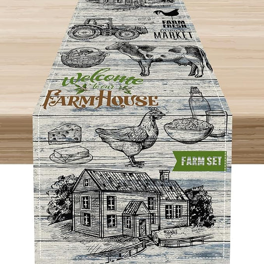 Farmhouse Cow Table Runner, Retro Rustic Country Barn Cottage Rooster Cow Animal Plank Coffee Table Center Decor for Home Kitchen Dining Patio Holiday Party Indoor Outdoor Table Decorations 13"x36"