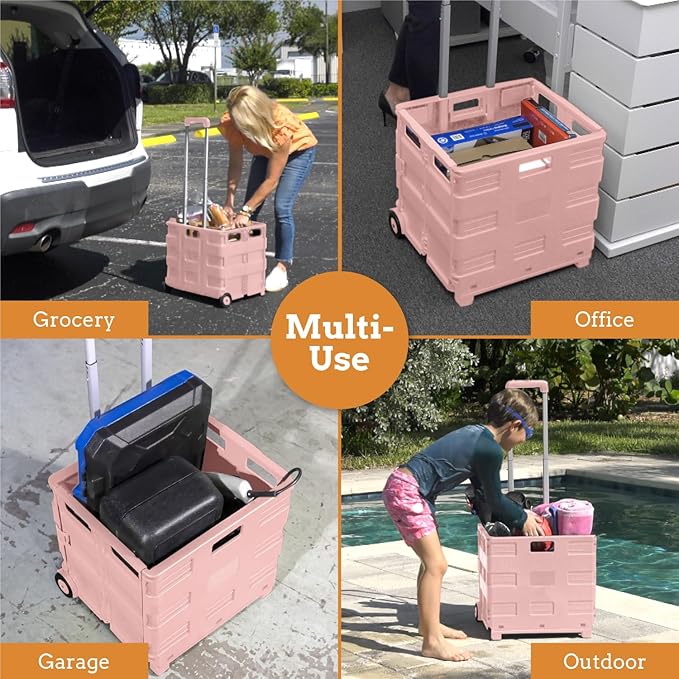 Inspired Living Ultra-Slim Rolling Collapsible Storage Pack-N-Roll Utility-carts, with Telescopic Handle, for Home, Garden, Shopping, Office, School use, Medium, Raspberry Pink