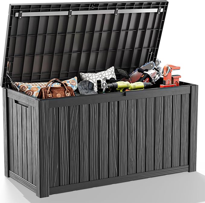 EasyUp 180 Gallon Outdoor Storage Box Waterproof, UV Resistant Resin Deck Box with Hydraulic Rod, Reinforced Stability for Patio, Garden, and Pool, Striped Black