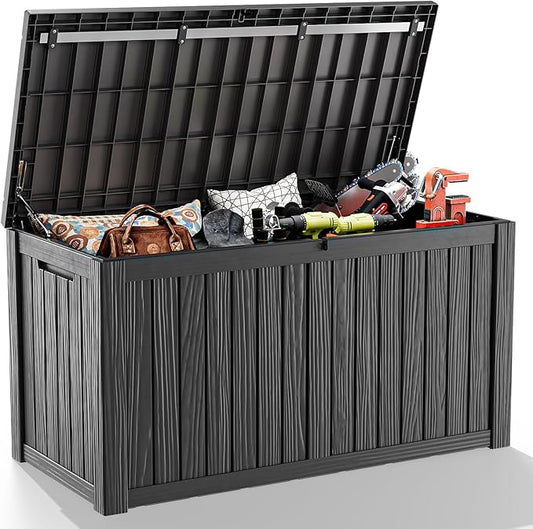 180 Gallon Large Deck Box,Resin Outdoor Storage Box with Lockable for Patio Furniture, Pool Accessories, Garden Tools Waterproof Outside Storage Box, Black