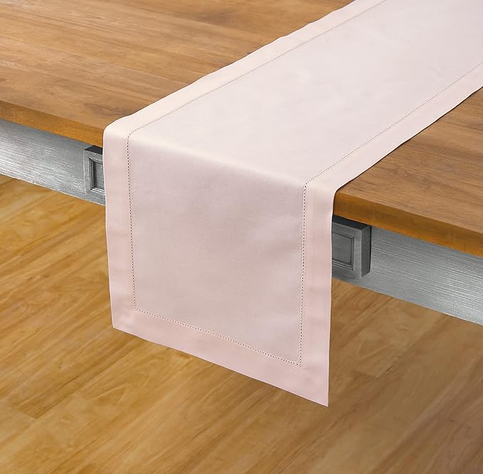 Solino Home Pink Table Runner 36 Inches - Cotton Linen Hemstitch Coffee Table Runner 14 x 36 Inch Ideal for Dresser Tables - Valentines, Spring, Easter