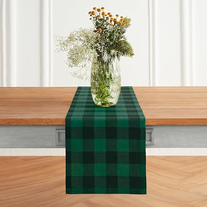 Solino Home Linen Checkered Table Runners 72 Inches Long - 100% Pure Linen Green and Black Buffalo Check Table Runner 14 x 72 Inch Ideal for Dresser, Dining, Winter