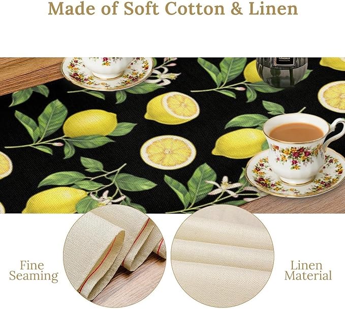Watercolor Lemon Table Runner, Spring Summer Seasonal Green Leaves Flowers Yellow Fruits Print Table Runner for Farmhouse Kitchen Dining Table Home Party Indoor Decor 13x108in